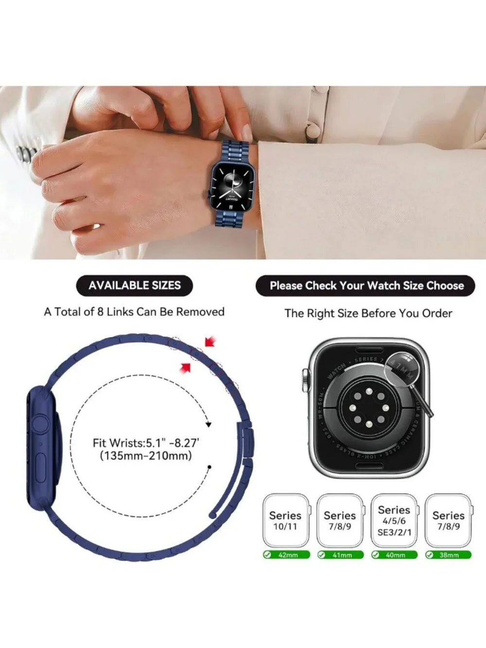 Stylish Stainless Steel Apple Watch Band for Men & Women, 40mm-42mm, Blue